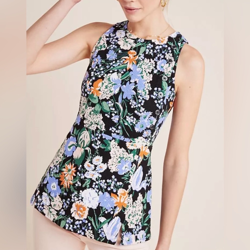 ANTHROPOLOGIE MAEVE BLACK FLORAL SLEEVELESS BRENNER TEXTURED PEPLUM TOP Sz‎ S